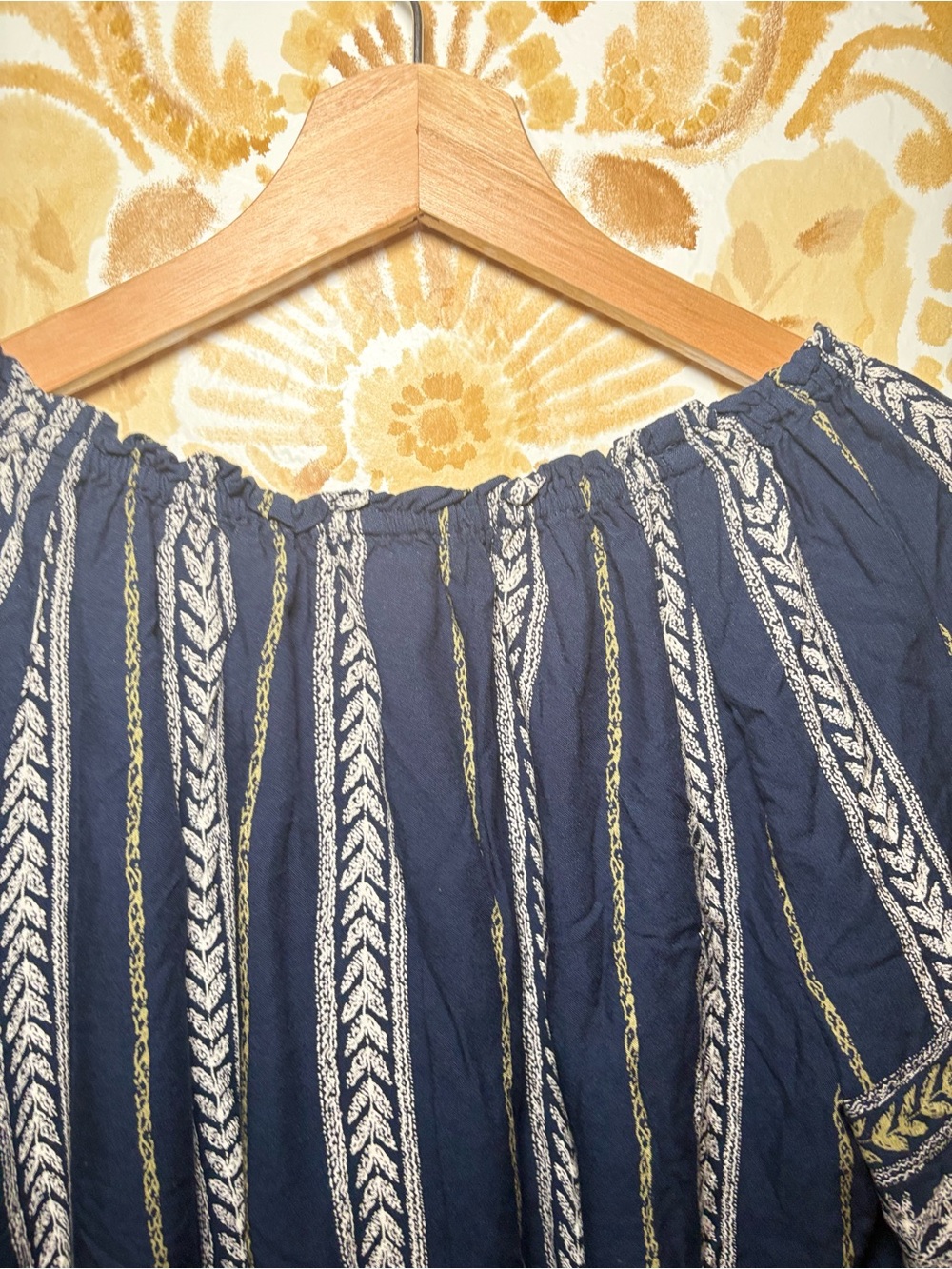 Boho Navy Blue Peasant Blouse Women's Off-the-Shoulder Bell Sleeve Top - Picture 10 of 12